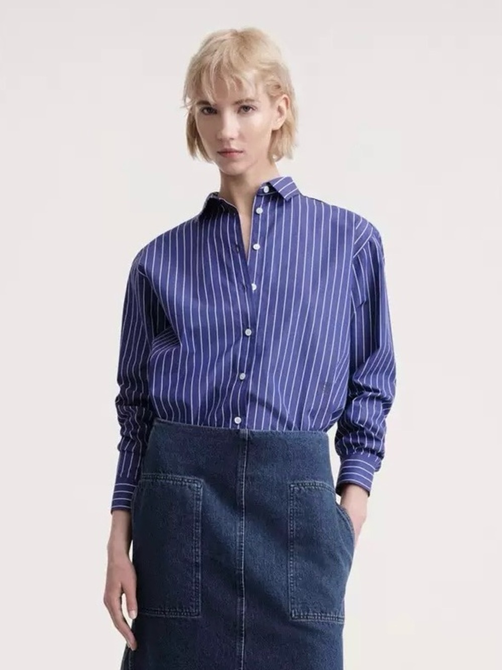 Toteme Navy Blue and White Vertical Stripe Button-Down Shirt size 38